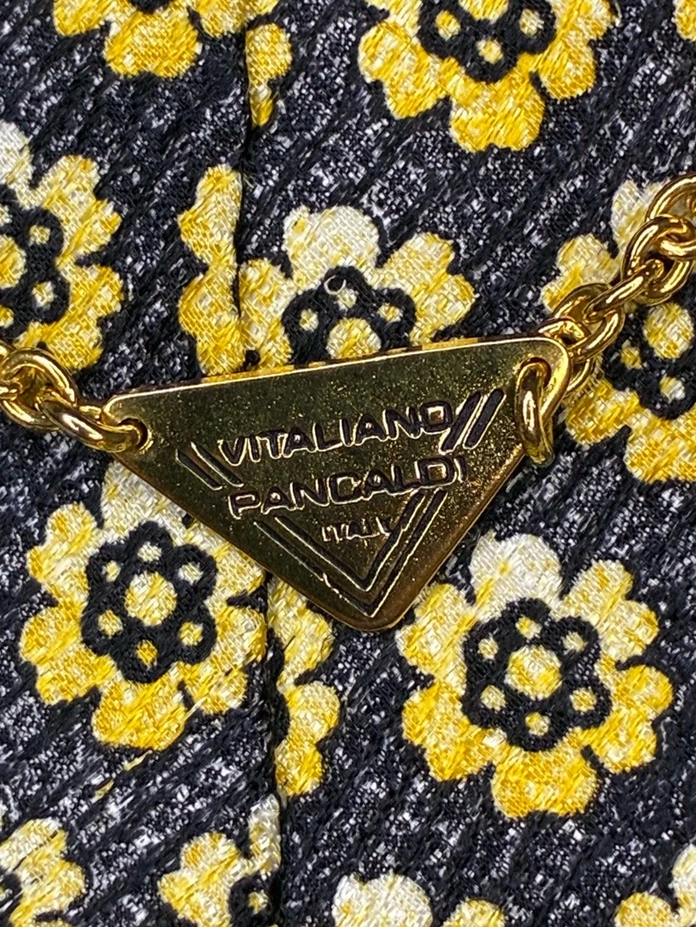 VTG -VITALIANO PANCALDI Rare Luxury Two Tone Weave Tie with Gold Logo Plaque